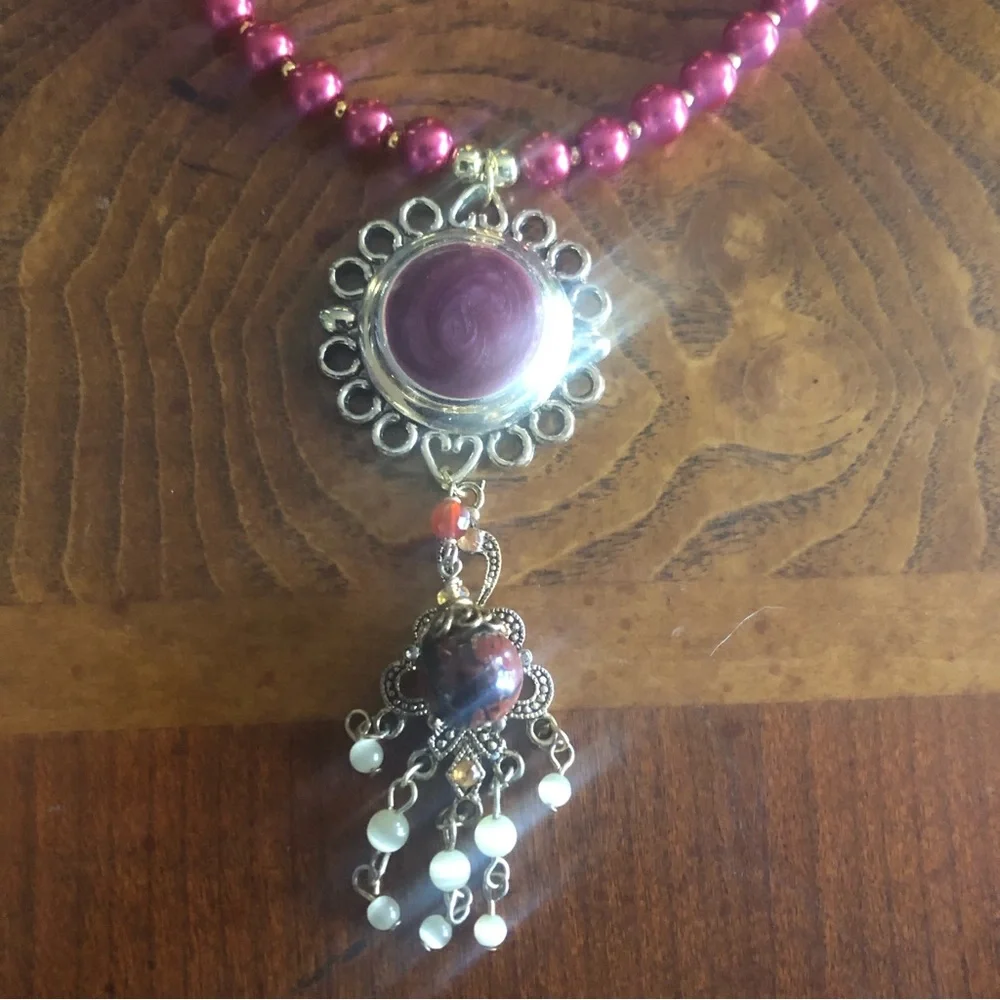 Handcrafted repurpose enamel sunburst chandelier Czech glass Pearl necklace